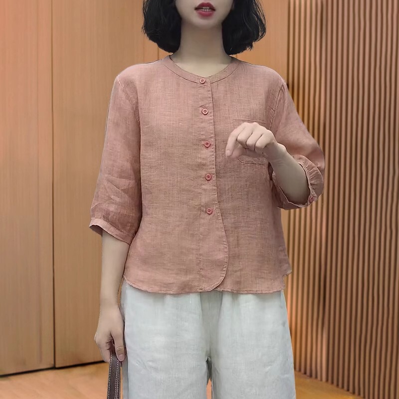 綿麻リネントップスレディース高級シャツ2025新作レディース夏大きいサイズお腹カバー七分袖ラミーシャツ|undefined
