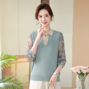 Mother's Spring and Autumn Top Thin Knitted Shirt T-Shirt Shirt with Shirt with Shirt Sleeve for Middle-aged and Elderly Women's Summer Lapel Seven-point Sleeve Shirt