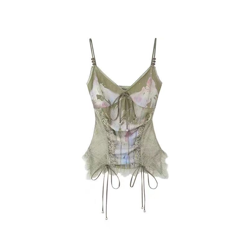 Purely desirable hot girl style, heavy lace stitching with printed beads, stylish and slimming camisole top for summer wear on Instagram Purely desirable hot girl style, heavy lace stitching with printed beads, stylish and slimming camisole top for summer wear on Instagram