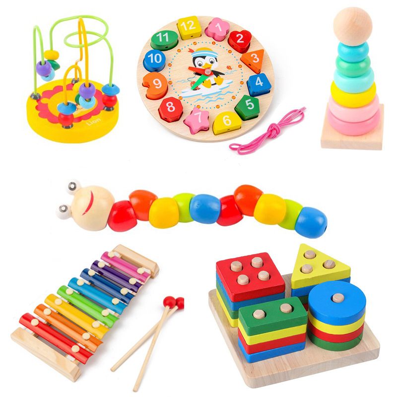 Juguetes educativos de madera para la primera infancia, laberinto de cuentas para bebés, instrumento musical de ocho tonos, reloj despertador, juego de percusión, juguetes de madera