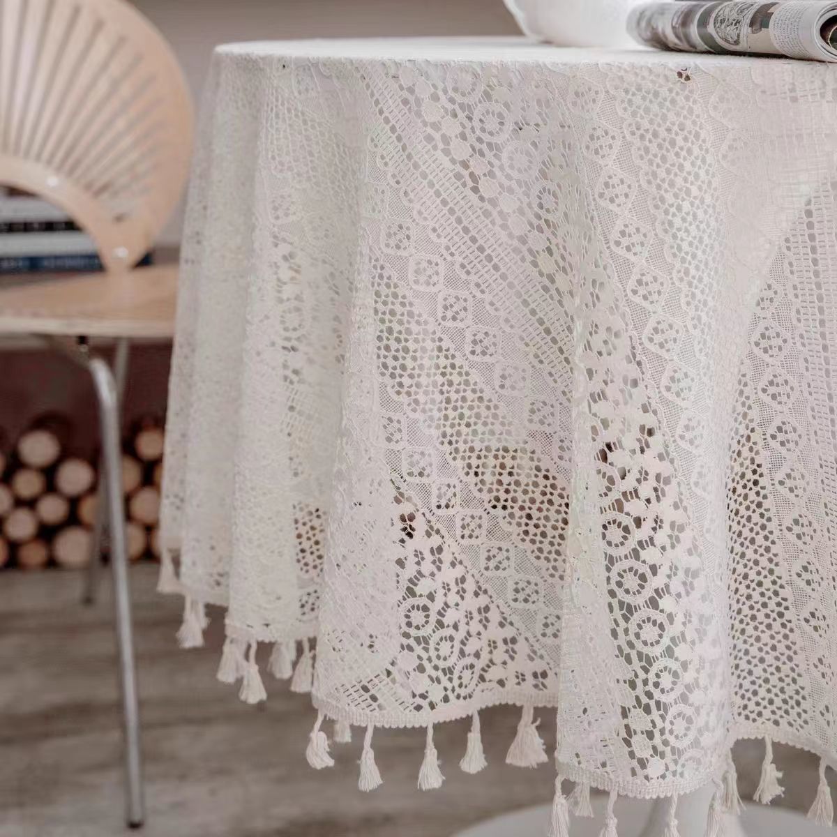 Tablecloth Lace Tablecloth Dining Table Fabric Decoration Pastoral Background Cloth Tassel Crochet Cut Out Shooting Props American Style