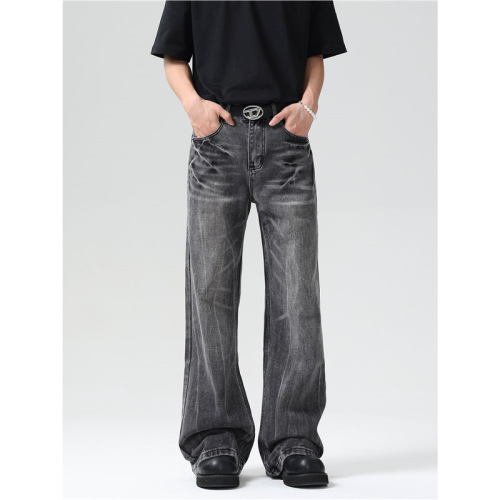 Vintage lightning crack black and gray men's straight-leg slim-fit trousers with American street style vibe