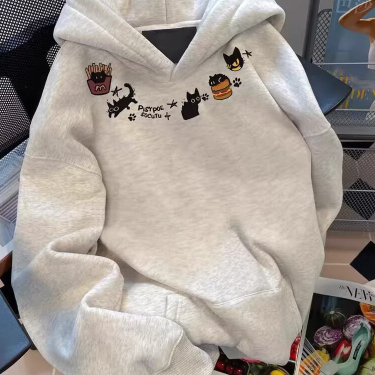 Autumn and winter long-sleeve cat print hoodie for men and women, casual, stylish, versatile, loose-fitting top with cat print
