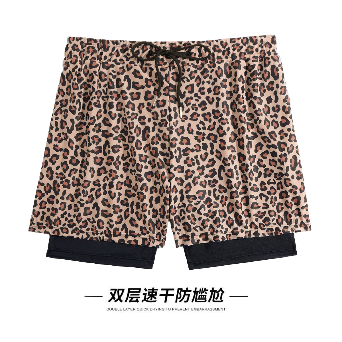 Double-Layer Swimming Trunks 2026 New Leopard Print Hot Spring Men's Beach Shorts Seaside Surfing Swimsuit Set Anti-Embarrassment Quick-Drying