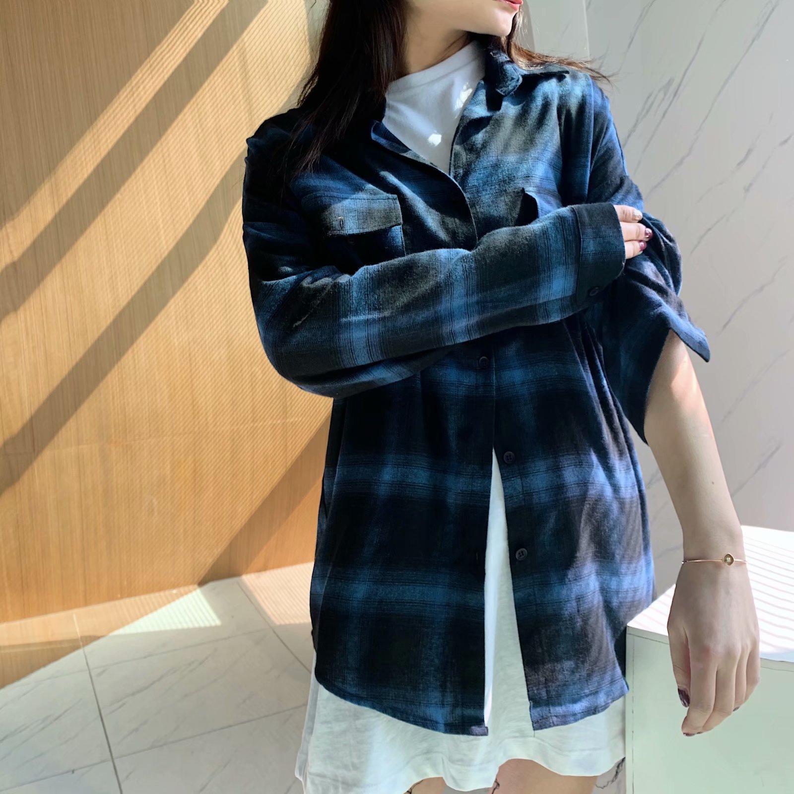 plaid lapel loose shirt  NSAM46202