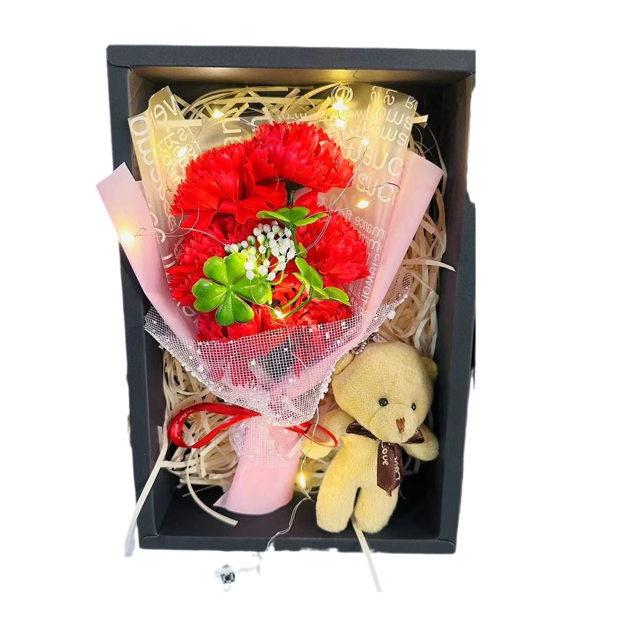 Weihnachtsgeschenk: Rosen-Nelken-Seifenblumenstrauß in Geschenkbox für Freundin/Ehefrau zum Geburtstag, Valentinstag und als Glücksklee-Geschenk_voghion.com