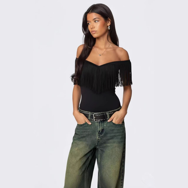 Fashionable and Simple American-Style Spicy Girl Loose-Fitting Versatile Slimming New Casual Street Style Tassel Off-Shoulder Unique Top Fashionable and Simple American-Style Spicy Girl Loose-Fitting Versatile Slimming New Casual Street Style Tassel Off-Shoulder Unique Top