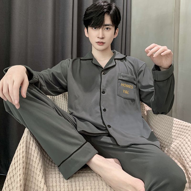 100% pijamas de algodón de manga larga de los hombres más el tamaño de los hombres de verano conjunto de dos piezas de primavera y otoño de los hombres traje de desgaste para el hogar