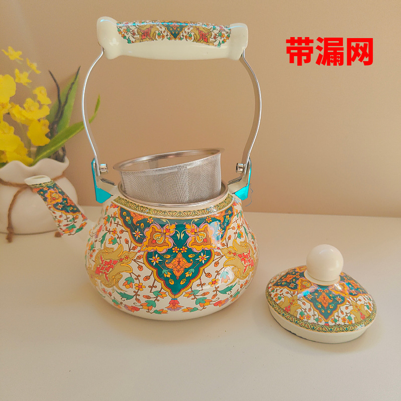 Esmalte de la vendimia 1,5 L hervidor de agua con fugas red tetera de leche té de café olla de elaboración de la cerveza flor té medicina esmalte porcelana olla