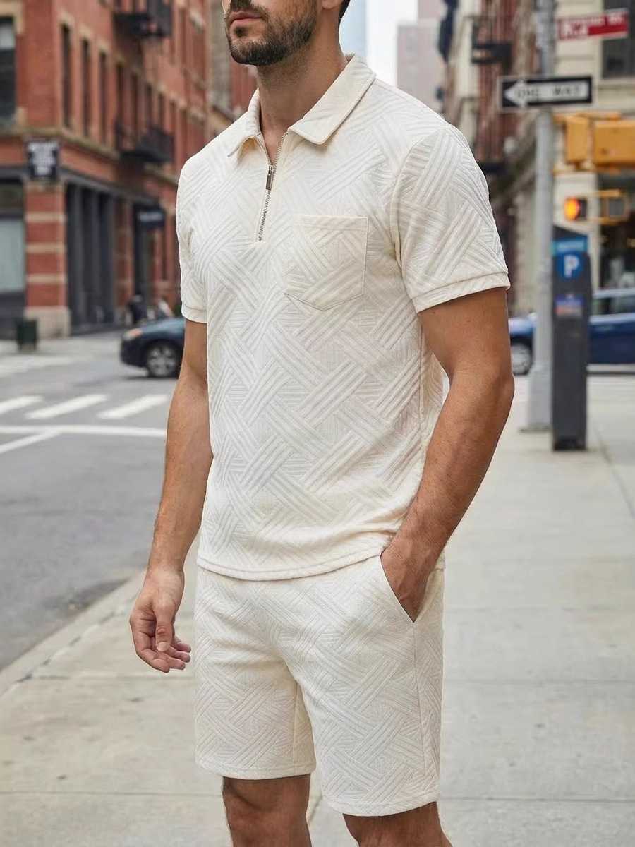 Zweiteiliges Herren-Set aus Waffelstrick, einfarbig, Sommer, Kurzarm, Shorts mit Tasche und Jacquard-Kragen._voghion.com