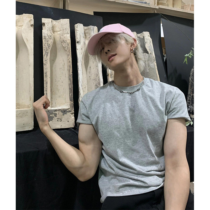 Gray Casual Men's Short-Sleeved Summer American Small Neckline Heavy T-Shirt Right Shoulder Showing Muscle Fitness Half-Sleeve