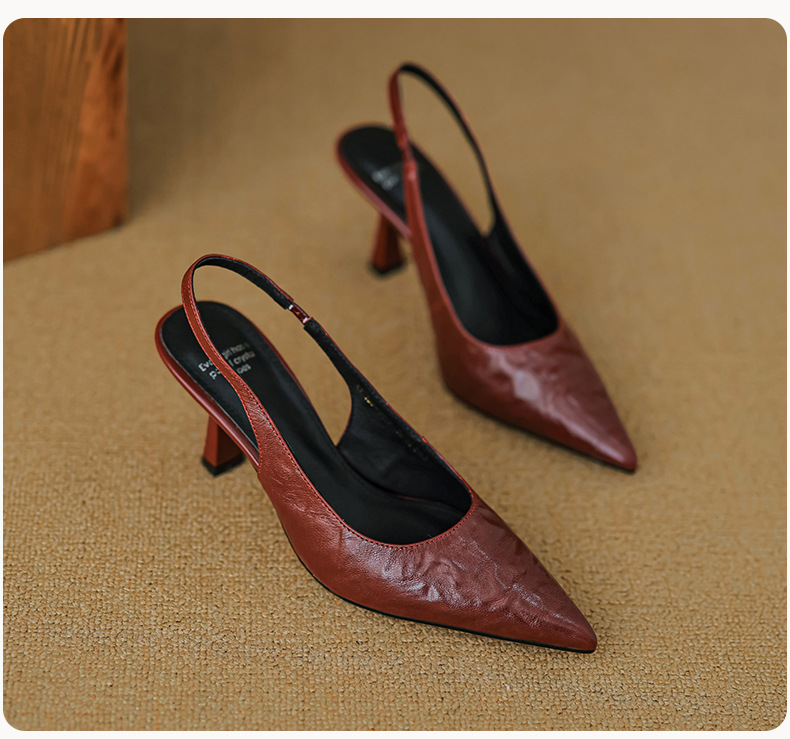 Sandal cao gót nữ mũi nhọn hở gót, da cừu, phong cách Hàn Quốc đơn giản — đen chi tiết 23