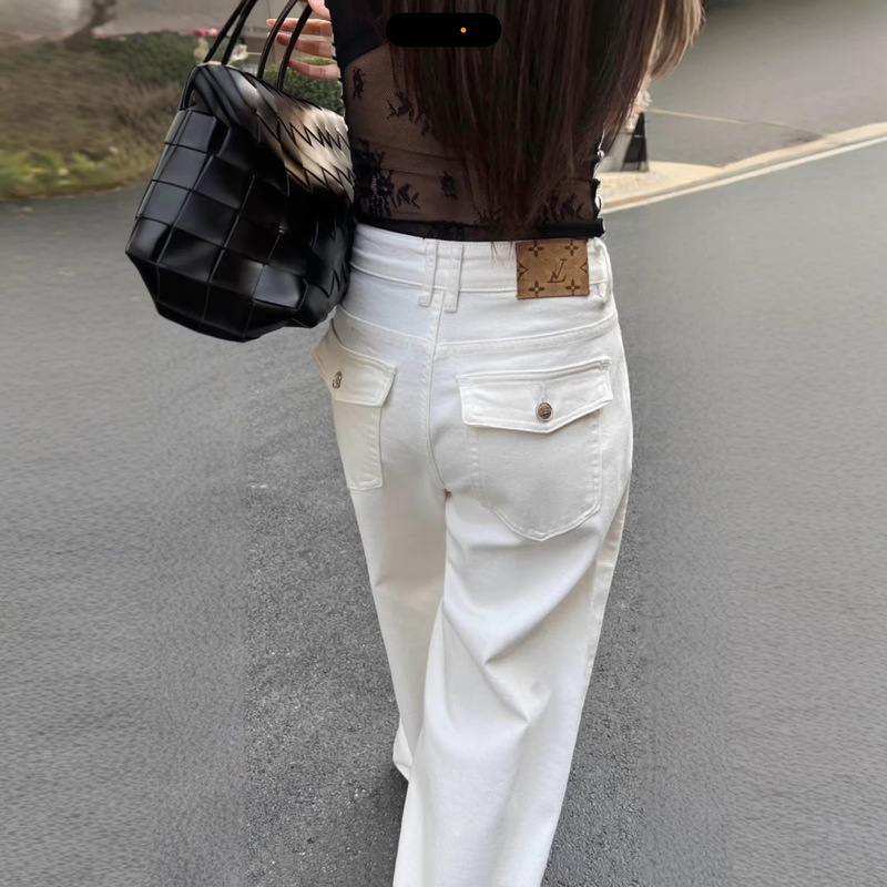 Nanyou Lujia Leather Label Double-Pocket Jeans for Women, New Spring and Autumn Vintage High-Waisted Loose Slimming Wide-Leg Casual Pants