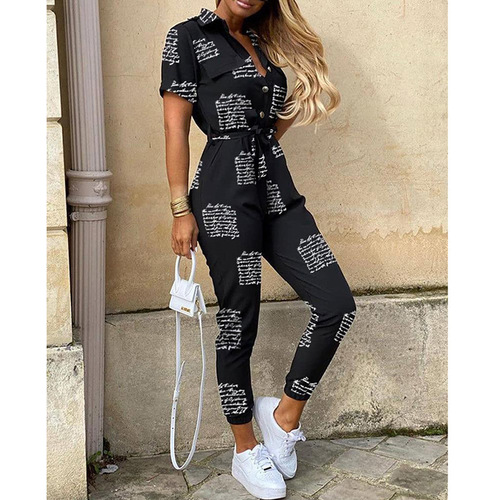 eBay Summer European and American Women's Casual Long Pants with Collar, Button Print Belt, Workwear Bodysuit