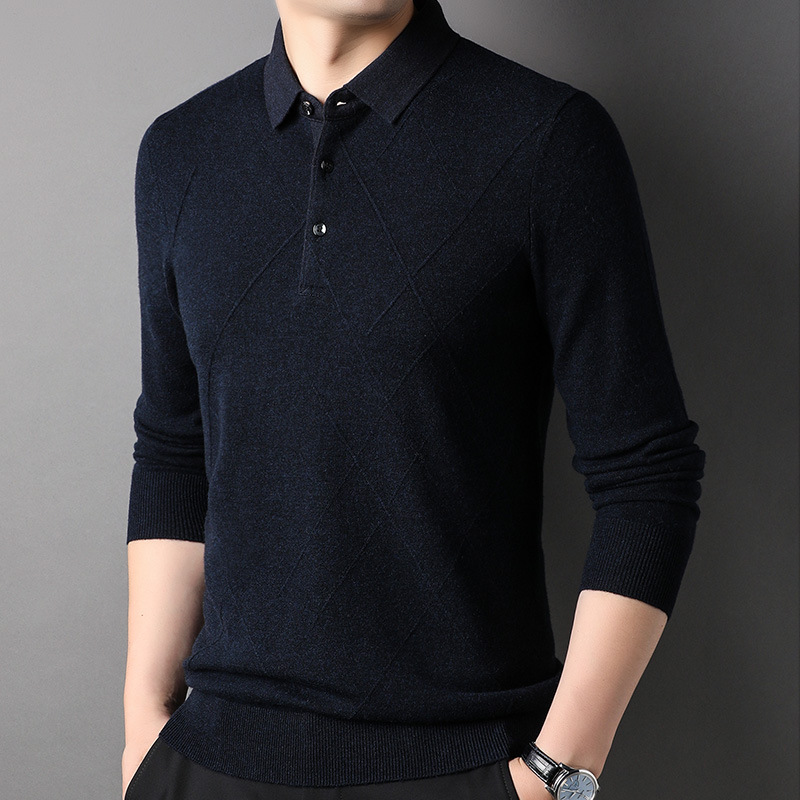 100 순수 양모 스웨터 남자 옷깃 스웨터 뉴 푸위안 스웨터 올 매치 니티드베이스 셔츠 탑