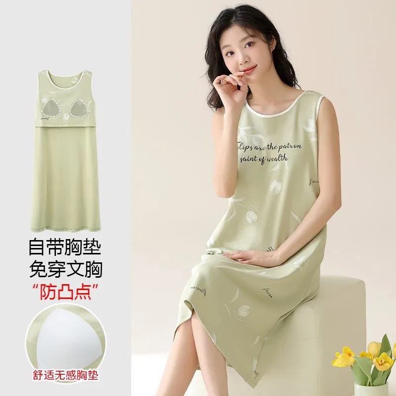 2025 pijama de verano de mujer cintura cojín de pecho chaleco vestido sin mangas ropa de pijama de damas mediana y larga gran tamaño comercio exterior transfronterizo