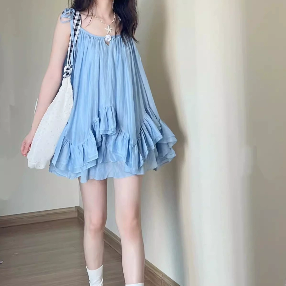 Синее платье на подтяжках, юбка, комплект из двух предметов, юбка для морского костюма, женская юбка в стиле летних каникул, нерегулярные оборки