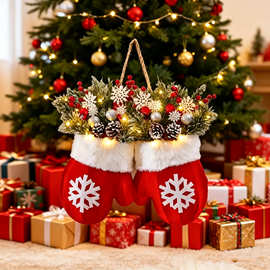 跨境TwinklingChristmaswreath圣诞手套闪烁花环植绒雪花松针浆果