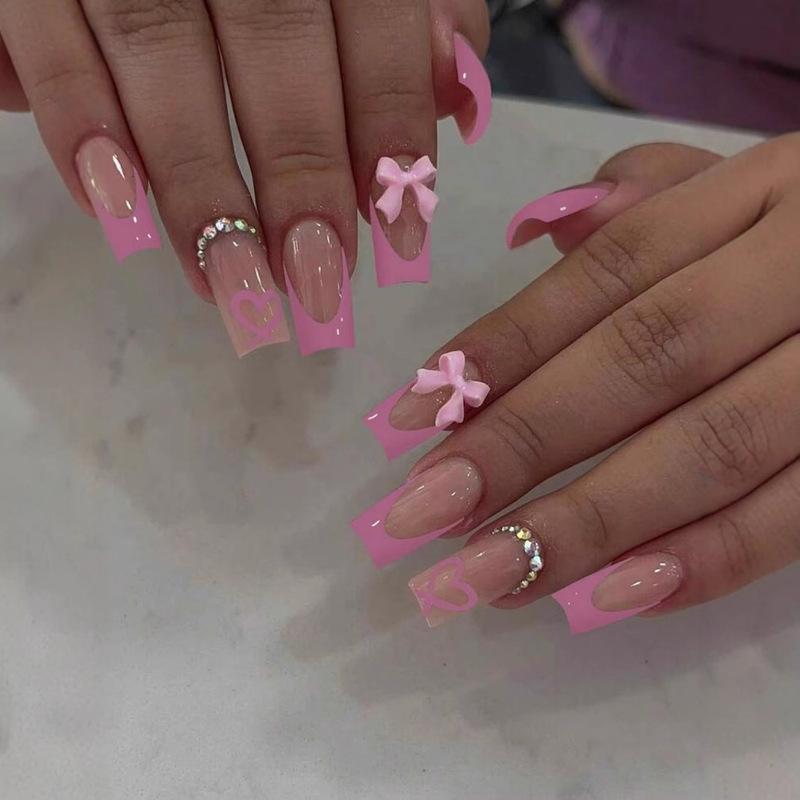 European and American Wear Armor French Pink Love Fake Nail Patch Cross-border High-value Manicure with Diamond Bow