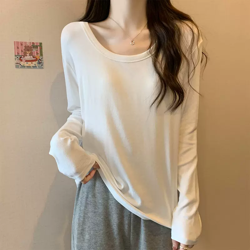 U领长袖T恤女2025年春季新款洋气宽松显瘦百搭大码正肩打底衫上衣