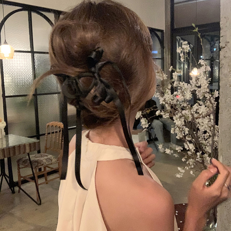 Zwarte stoffen lange lintstrik grijpclip achterhoofd haarclip haaienclip dames nieuwe matte haaraccessoires_voghion.com