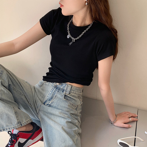 Women's Casual Short Sleeve T-Shirt Summer Round Neck Slim Fit Weight Loss Top for Layering, Reveals Chest, Elastic Tight Pure Color Basic Shirt