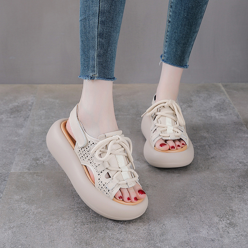 Dép sandal nữ miệng cá đế dày da bò cổ điển, hở ngón lỗ đục lỗ — Màu be