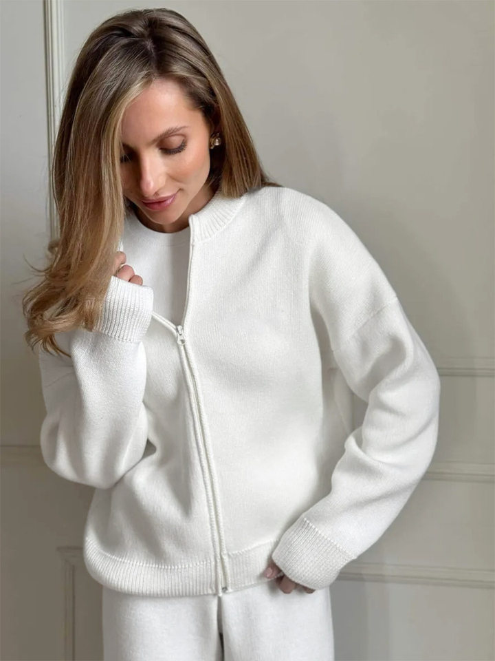 Bộ áo cardigan dệt kim khóa kéo dài tay phối quần ống rộng cho nữ — Màu nâu, Màu trắng, Màu xanh dương chi tiết 16
