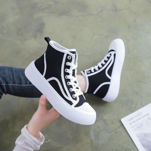 2025 New Women's High-Top Canvas Shoes, Spring and Autumn Trendy Ins Versatile Biscuit Sneakers, Thick-Soled Casual Cloth Shoes