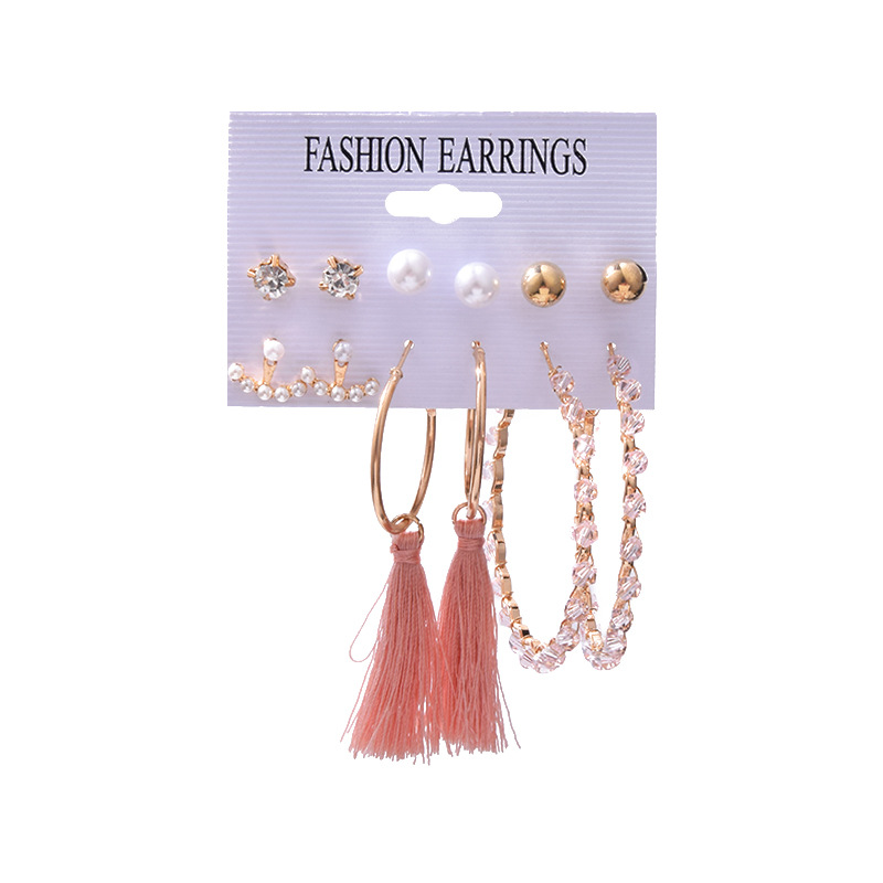 Pearl Rhinestone Retro Bohemian Tassel Circle 6 Pairs Earrings Set display picture 5