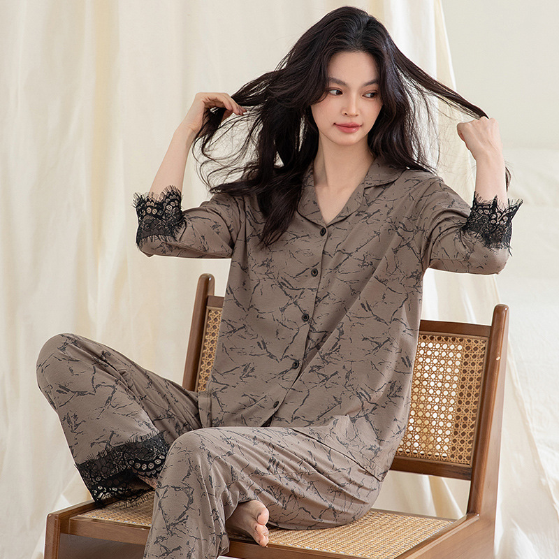 2025年新型モーダルコットンパジャマ女性7分袖カジュアル純色ズボン快適春秋家庭服薄いタイプ|undefined