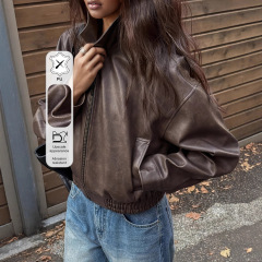 跨境亚马逊欧美皮夹克女 机车服PU皮复古外套长袖皮衣 秋冬新款