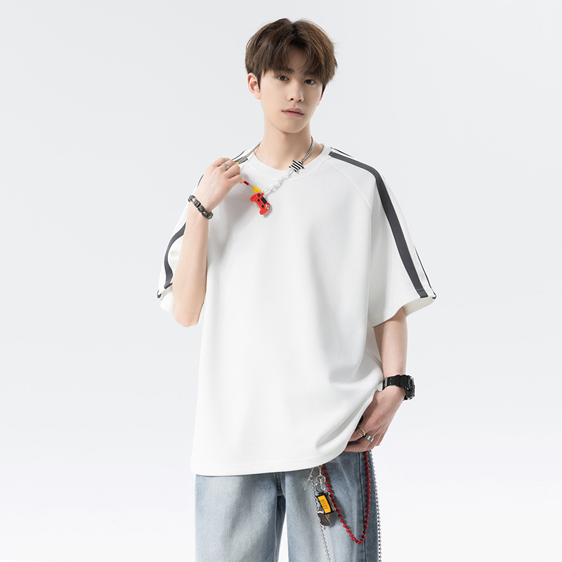 ACU Men's Wear | American Color Splice Short-sleeved Boys 2025 Summer Heavy Bead Simple Casual Half-sleeved T-shirt