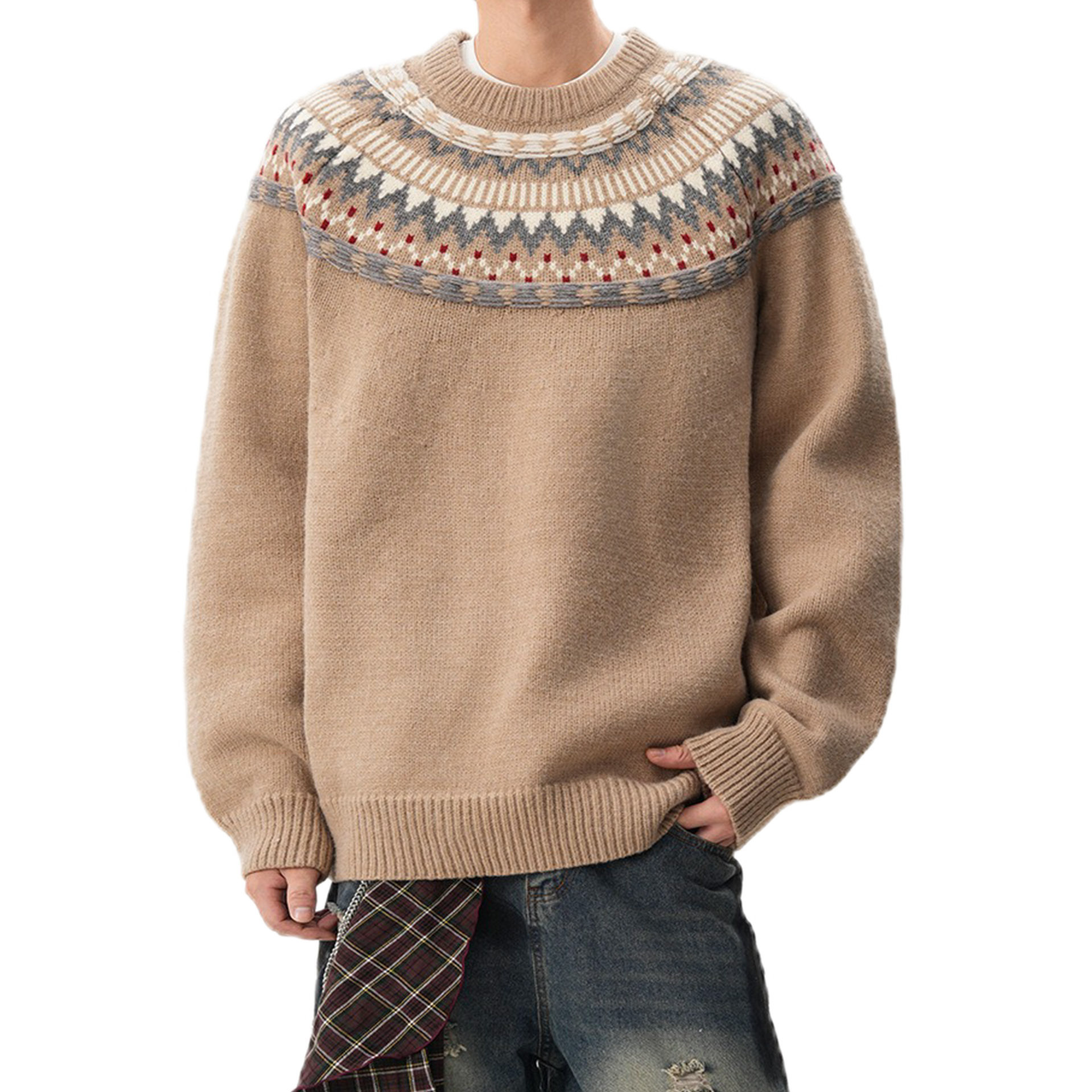 Explosiones transfronterizas de tamaño europeo de tamaño grande Fair Island Jacquard suéter de punto de Navidad hombre cuello redondo fábrica de moda al por mayor