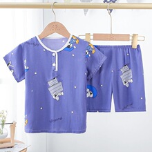 夏季儿童短袖睡衣男童女童宝宝空调服绵绸薄款套装棉绸家居服