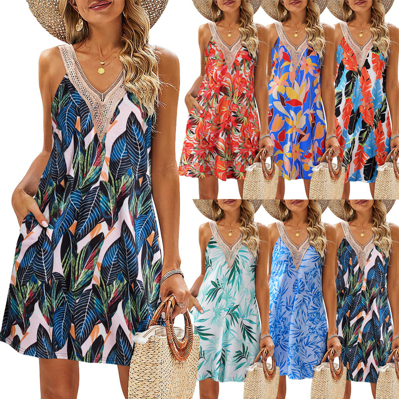 Women's Summer Dress Beach Lace V-neck Vic Dress Casual Tropical Print Sleeveless Short Dress