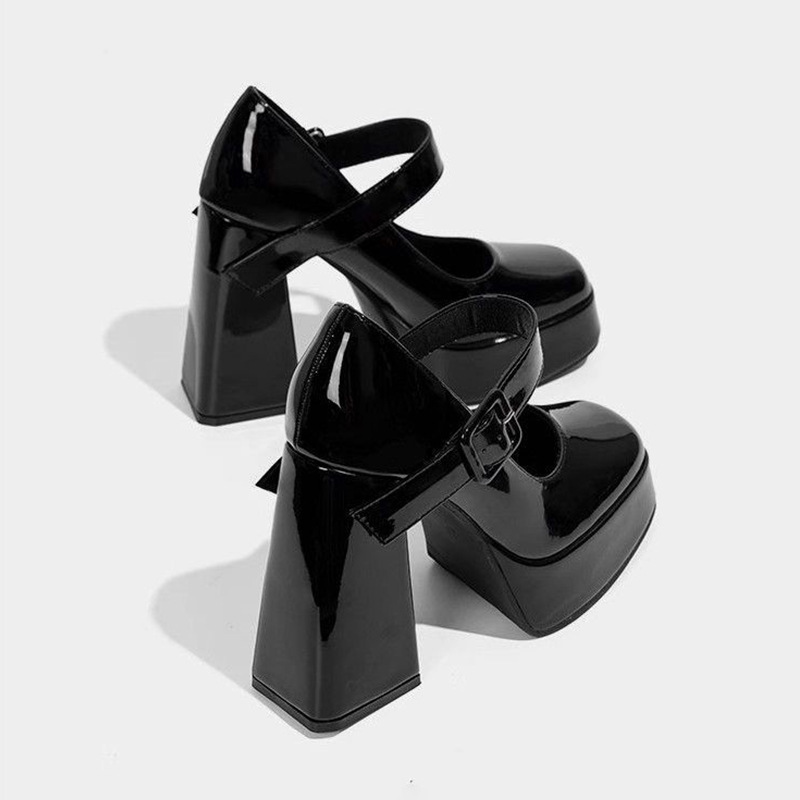 2025 New Patent Leather Black Square Toe Mary Jane High Heels Women's Thick-Soled Waterproof Platform Buckle Strap Thick Heel Shoes