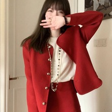 8636秋装新款高级感女装气质名媛小香风红色毛呢半身裙两件套装