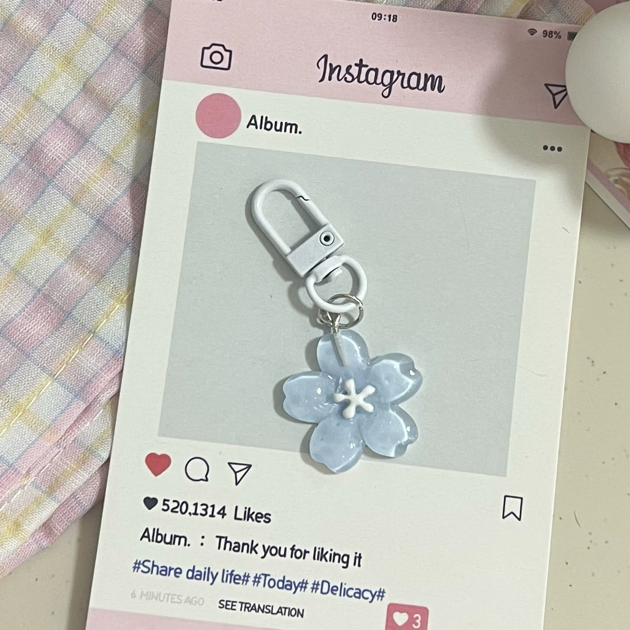 Keychain pendant floral accessory, 6.5 cm light charm with clasp — pink & blue options