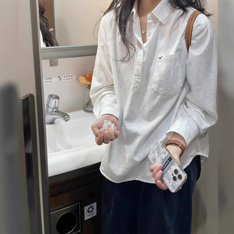 Pure Cotton White Polo Collar Shirt for Women, Spring and Autumn Wear, New French Design, Niche Long-Sleeved Shirt Top Pure Cotton White Polo Collar Shirt for Women, Spring and Autumn Wear, New French Design, Niche Long-Sleeved Shirt Top