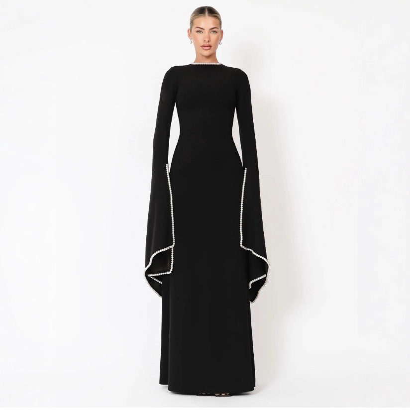 European and American Cross-Border Pearl Evening Dress Solid Color Elegant Long Slim Fit Dress