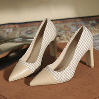 378-3 Spring/Summer New Fashion Shallow Mouth Pointed Colored Women's High Heels Thick Heel Thousand Bird Checker Women's Single Shoe