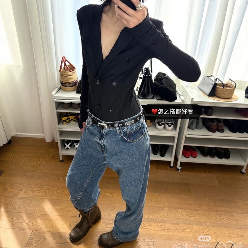 70% off Clearance Double-breasted Stretch Knit Slim Fit Blazer Jumpsuit for Workplace Elegance Commuting Long Sleeve Top