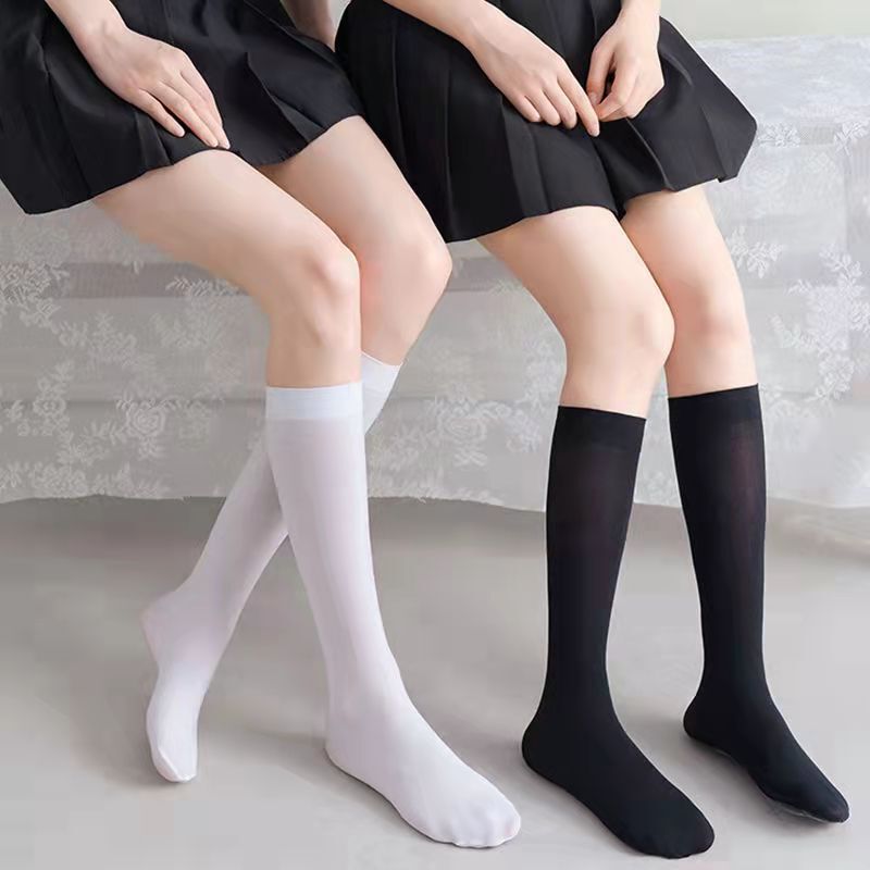 Spring and Summer Calf Socks for Women Japanese Style Style Velvet White Stockings Black Jk Stockings Mid-Calf Socks Long Outer Wear Knee-High Socks