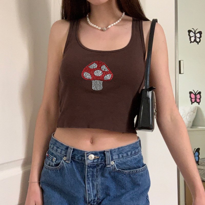 sexy short mushroom rhinestone patched crop top  NSLQ39657