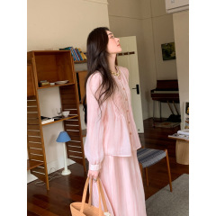 甘美減齢ファッションスーツ女性気質しわピンクシャツ女性2025夏の新型高腰痩せロングスカート