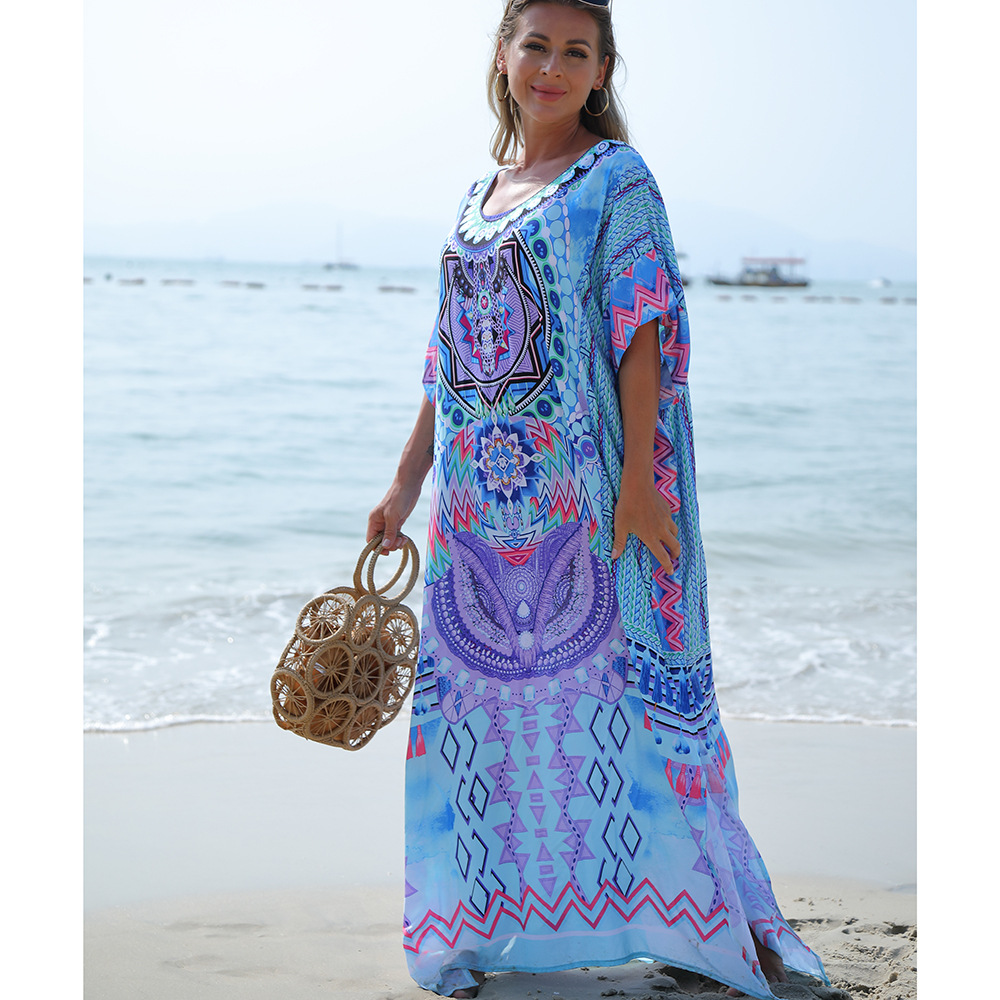 Europa y América verde serpiente impresión suelta más tamaño traje de playa vestido bikini cover up vacaciones sol protección camisa 1D39