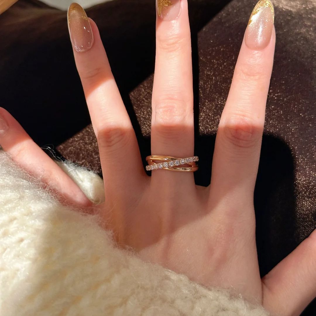 Bague Ouverte Femme Trois Cercles Entrelacés Strass Élégante_voghion.com
