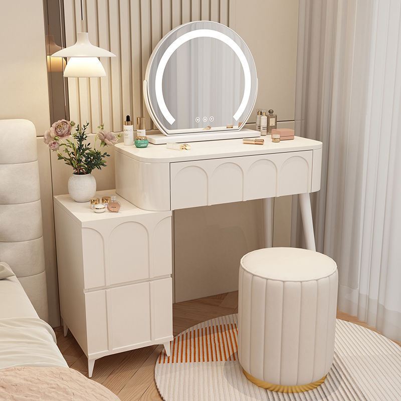 화이트 80 테이블 + 반원형 거울 + 수납장 + 플래티넘 벨벳 스툴