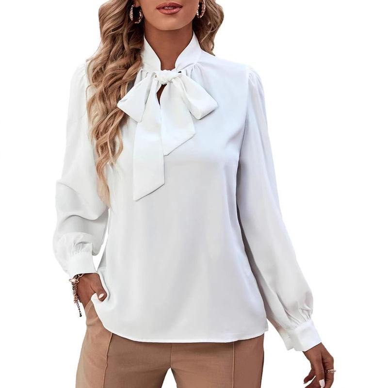 2025 White Bow-Tie Shirt with High-End Round Neck Design, Niche, Light Mature Hong Kong Style, High-Quality Top